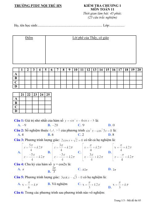 Đề kiểm tra chương 1 Toán 11 trường PTDT Nội Trú – Hà Nội (bản Word)